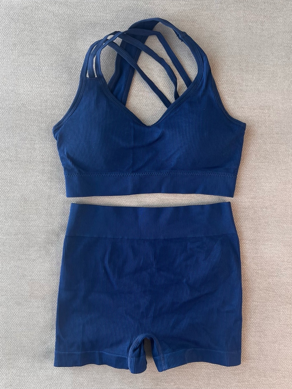 SHEIN ribbed navy blue workout shorts and sports bra set, size S